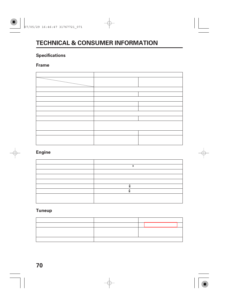 Specifications, 70 technical & consumer information | HONDA SNOWBLOWER HS724 User Manual | Page 72 / 80