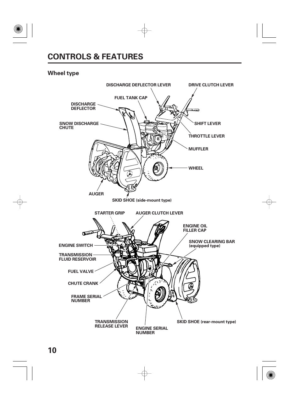 10 controls & features, Wheel type | HONDA HS928 User Manual | Page 12 / 80