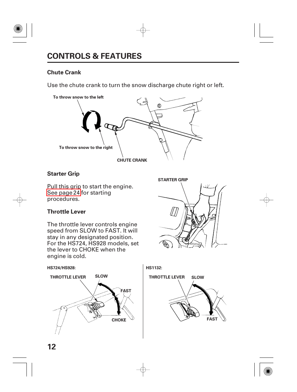 Chute crank, Starter grip, Throttle lever | 12 controls & features | HONDA HS928 User Manual | Page 14 / 80