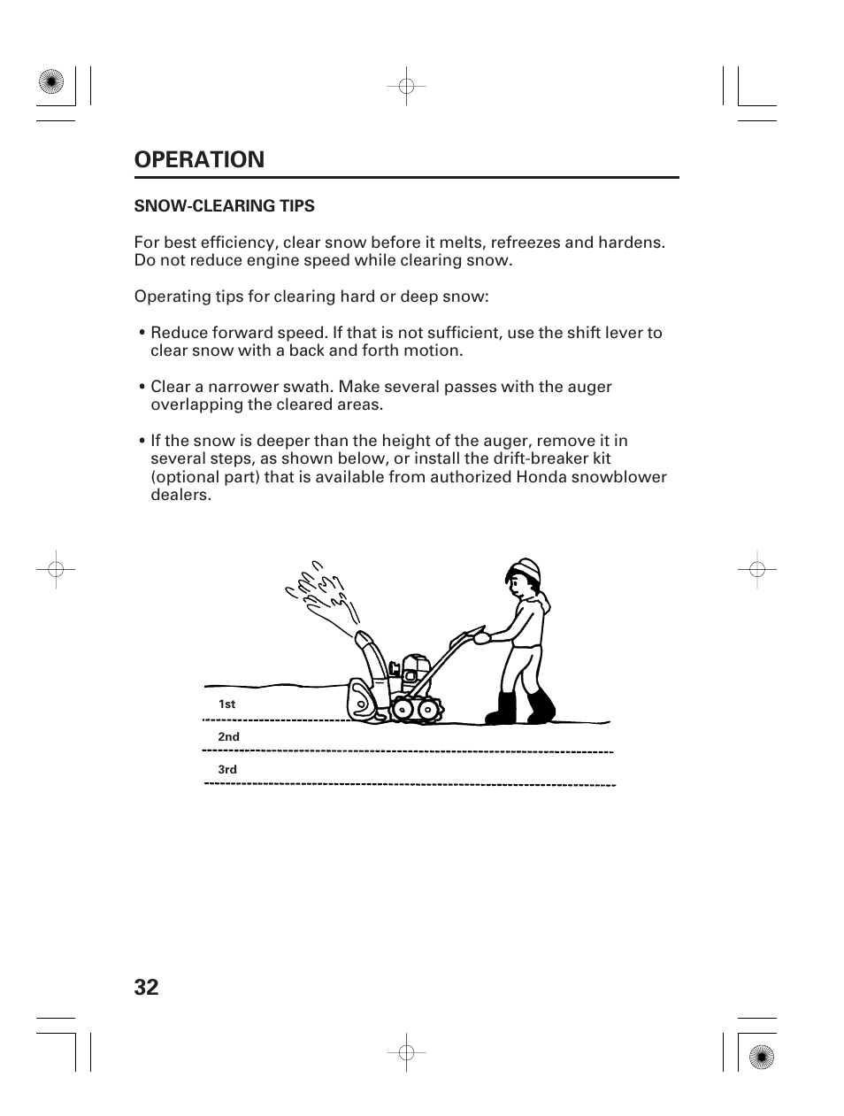 Snow-clearing tips, 32 operation | HONDA HS928 User Manual | Page 34 / 80