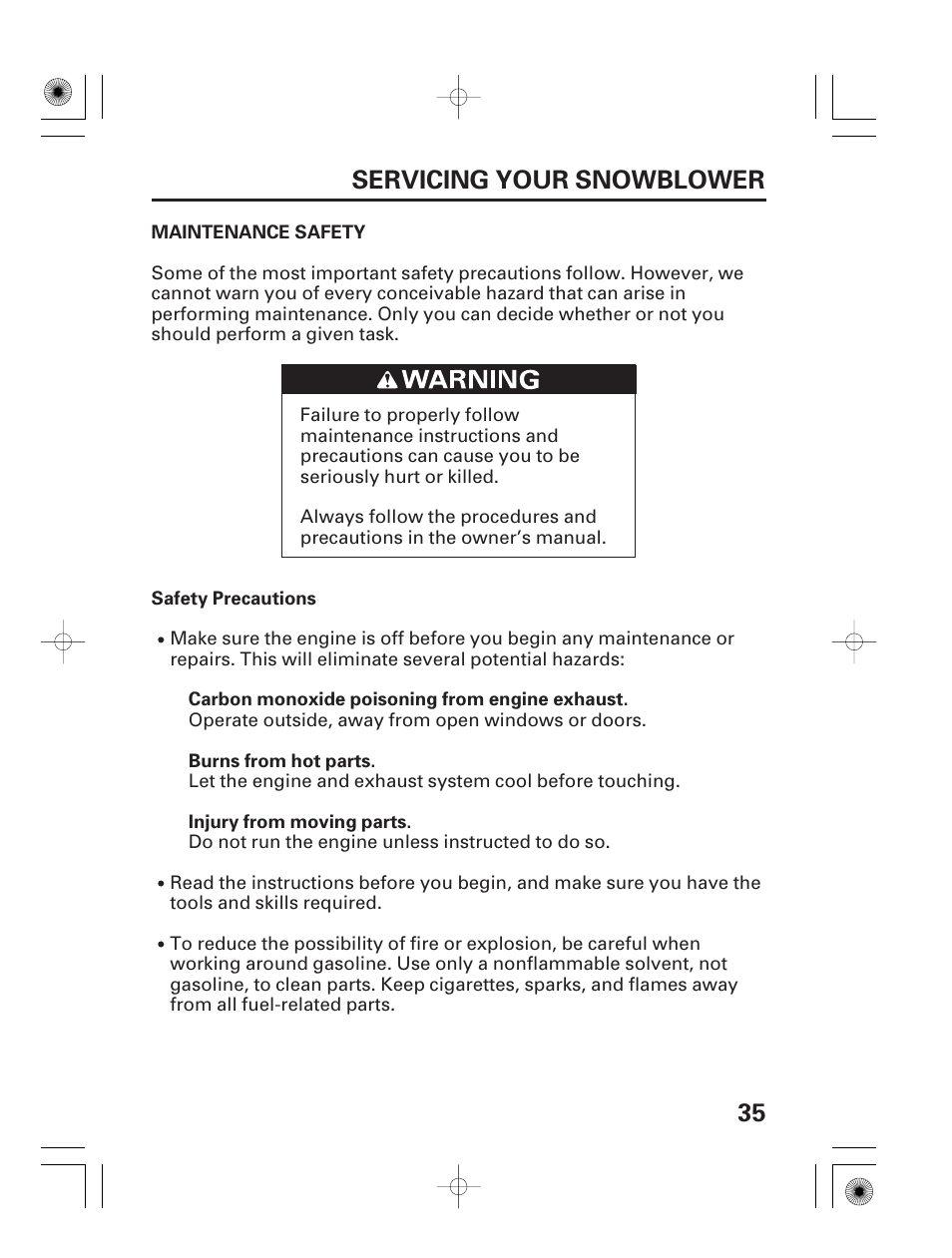 Maintenance safety, 35 servicing your snowblower | HONDA HS928 User Manual | Page 37 / 80