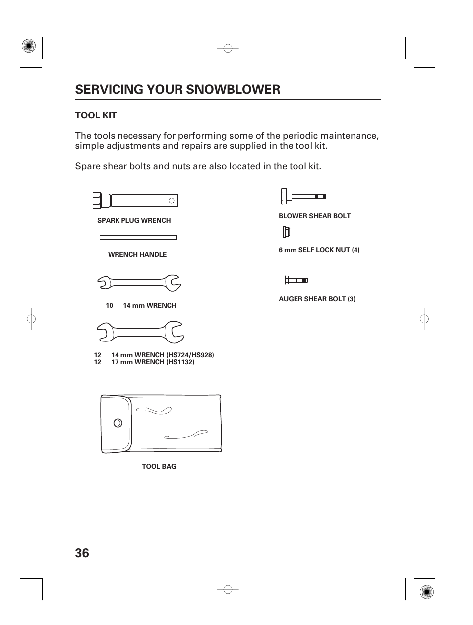 Tool kit, 36 servicing your snowblower | HONDA HS928 User Manual | Page 38 / 80