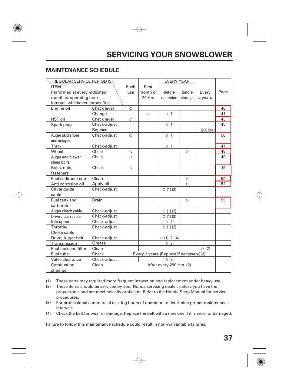 Maintenance schedule, 37 servicing your snowblower | HONDA HS928 User Manual | Page 39 / 80