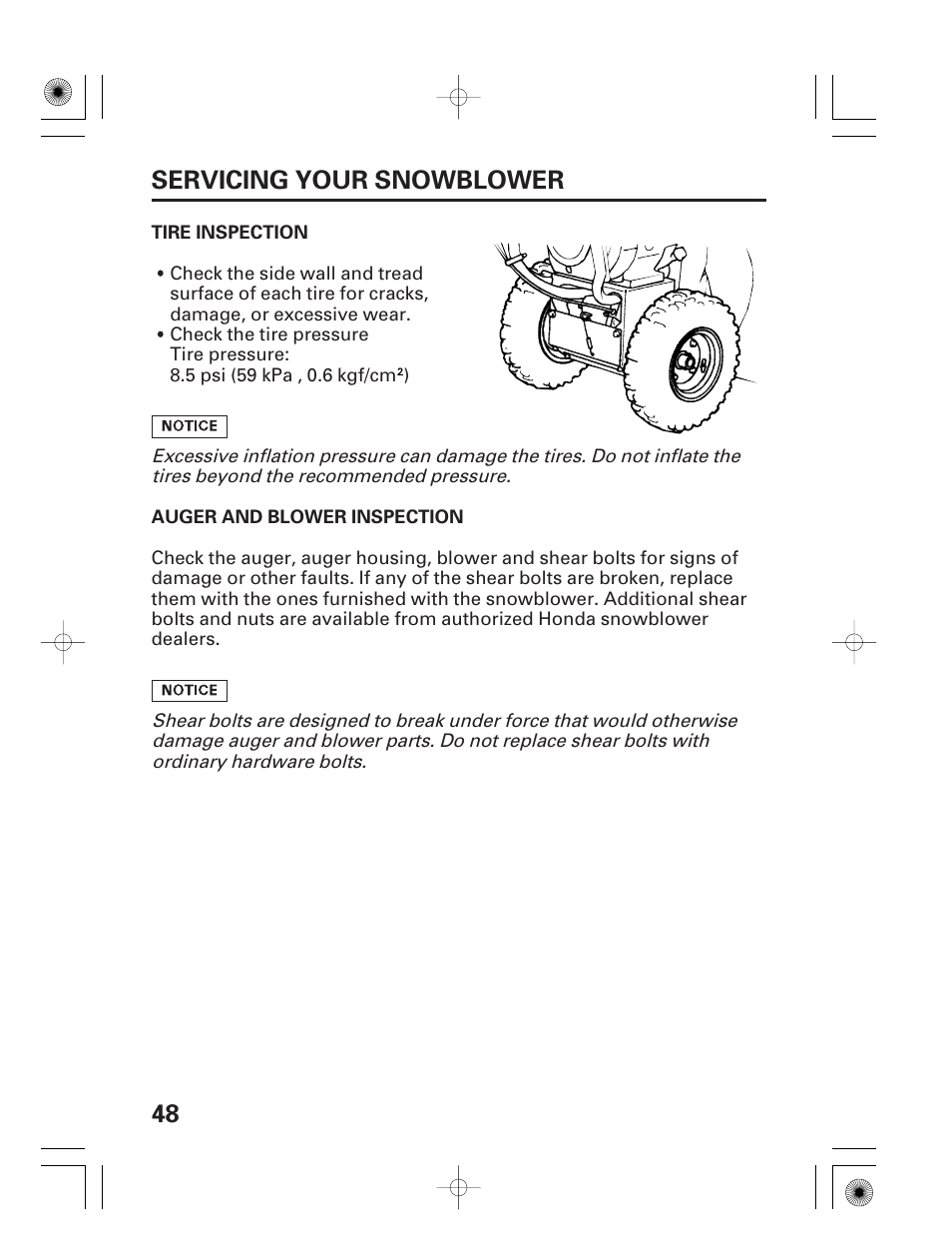 Tire inspection, Auger and blower inspection, 48 servicing your snowblower | HONDA HS928 User Manual | Page 50 / 80