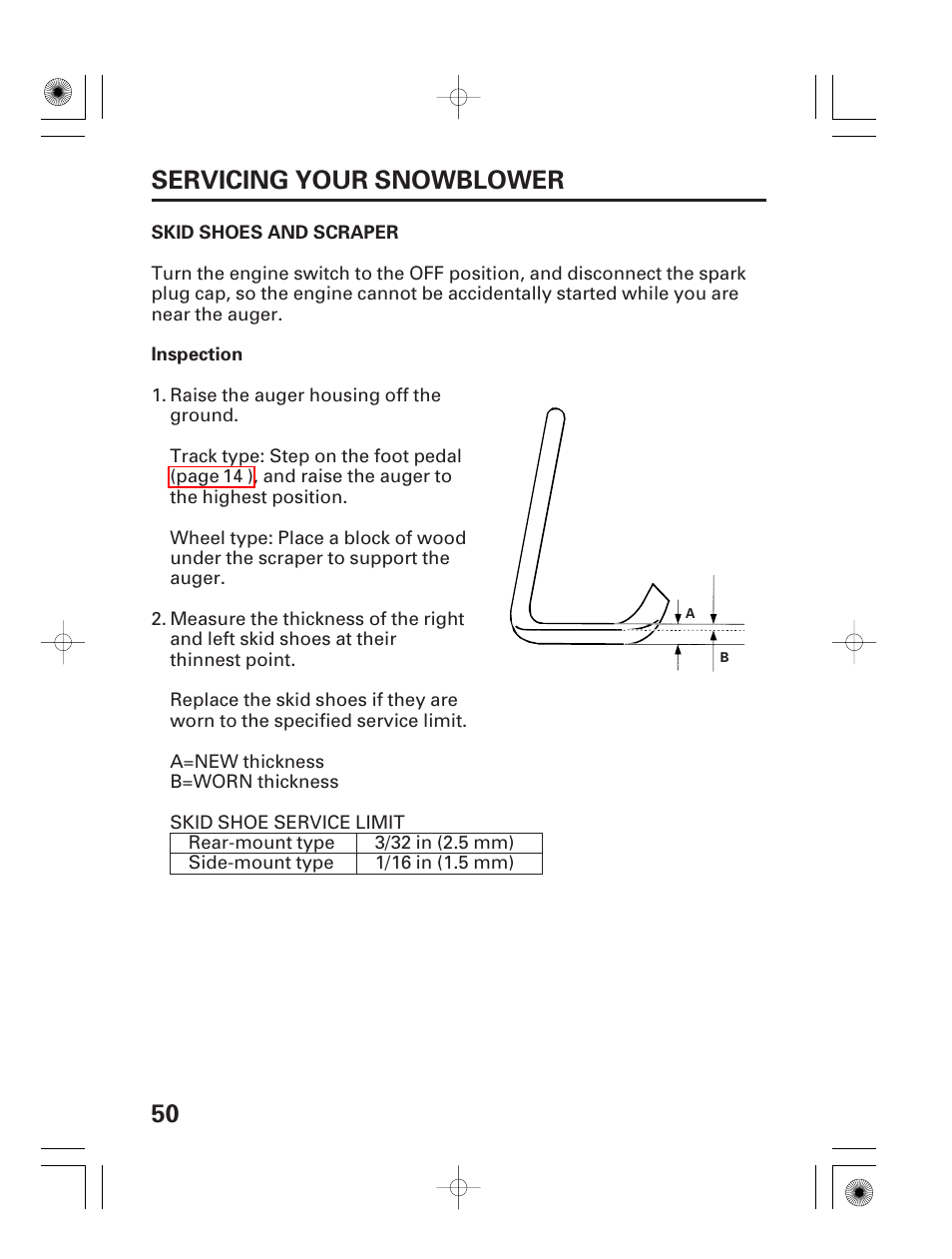 Skid shoes and scraper, 50 servicing your snowblower | HONDA HS928 User Manual | Page 52 / 80