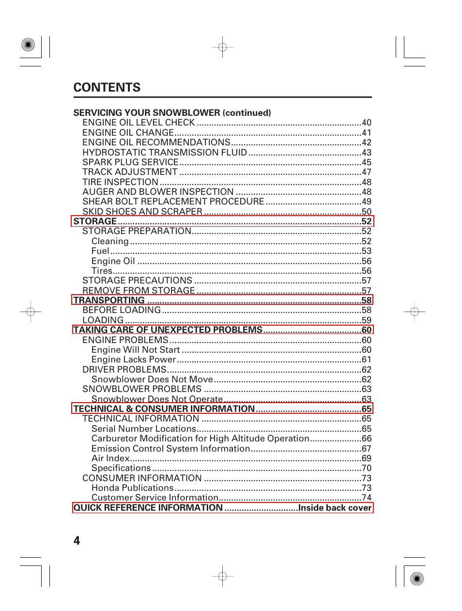 4contents | HONDA HS928 User Manual | Page 6 / 80