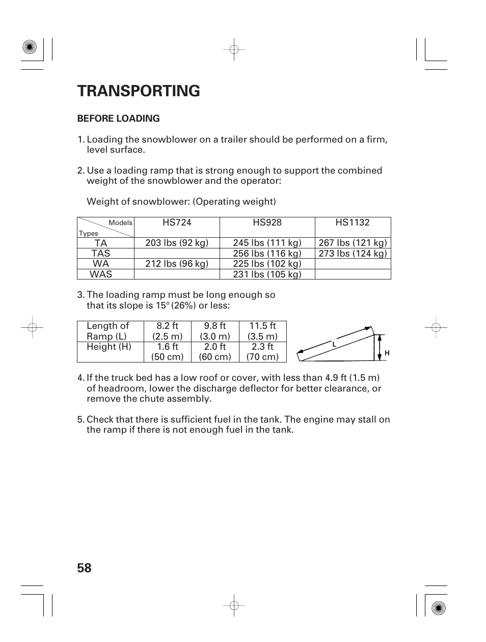 Transporting, Before loading | HONDA HS928 User Manual | Page 60 / 80