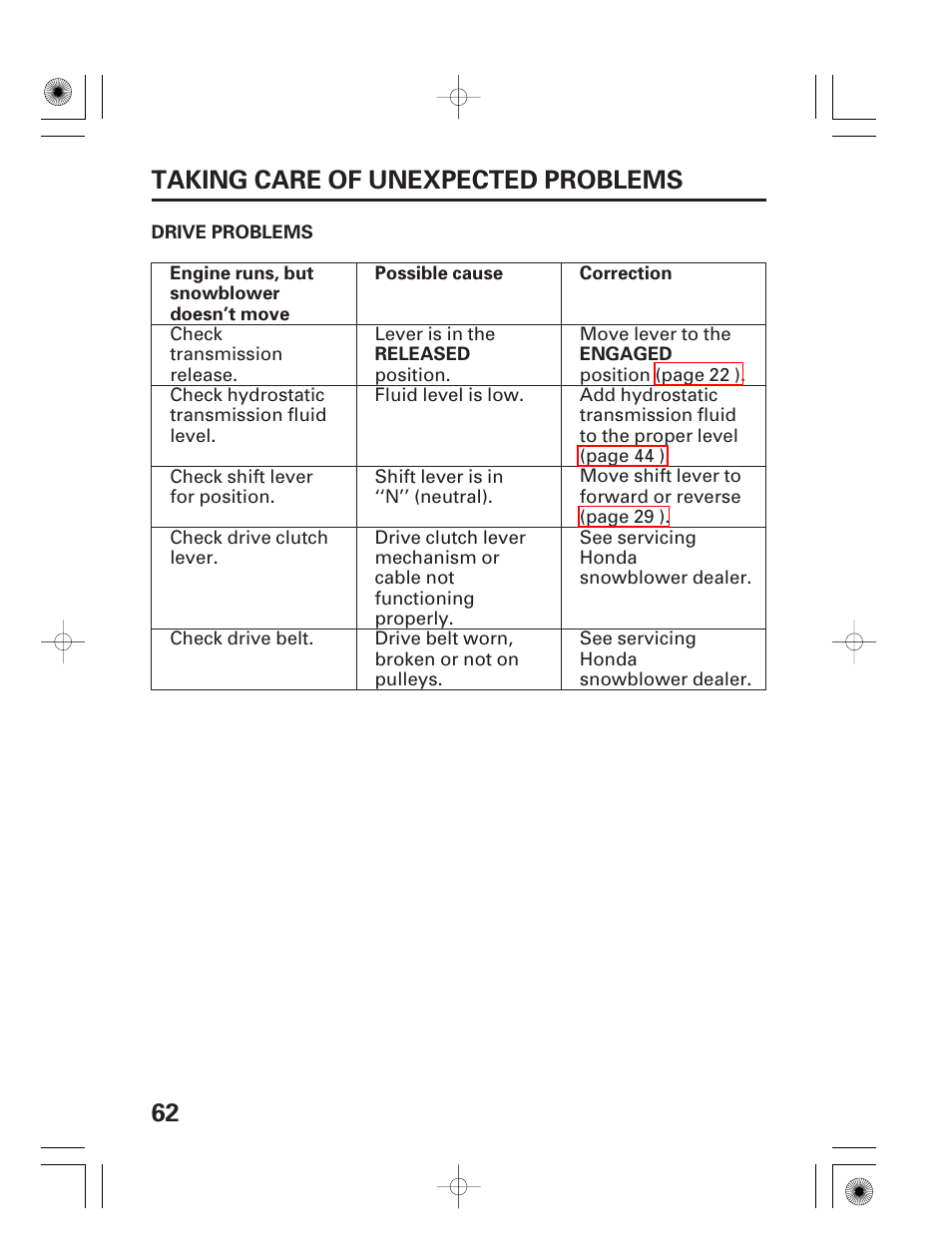 Drive problems, 62 taking care of unexpected problems | HONDA HS928 User Manual | Page 64 / 80