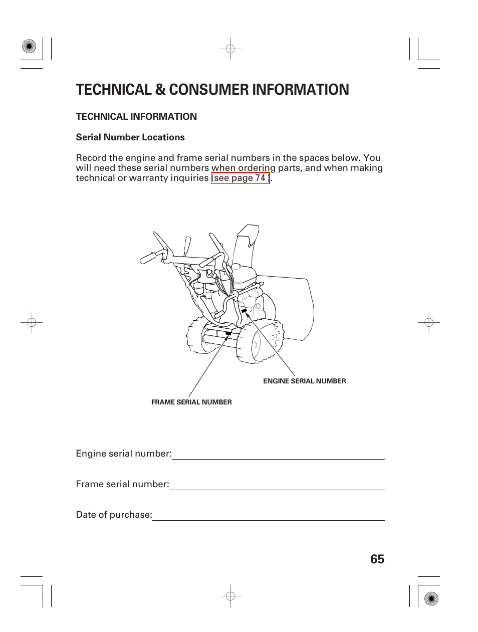 Technical & consumer information, Technical information, Serial number locations | HONDA HS928 User Manual | Page 67 / 80