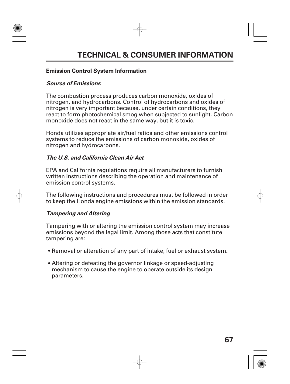 Emission control system information, 67 technical & consumer information | HONDA HS928 User Manual | Page 69 / 80