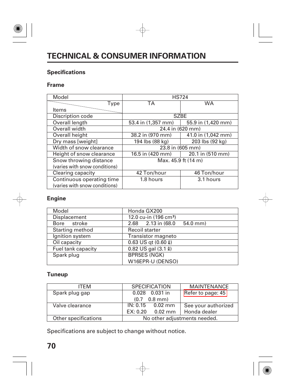 Specifications, 70 technical & consumer information | HONDA HS928 User Manual | Page 72 / 80