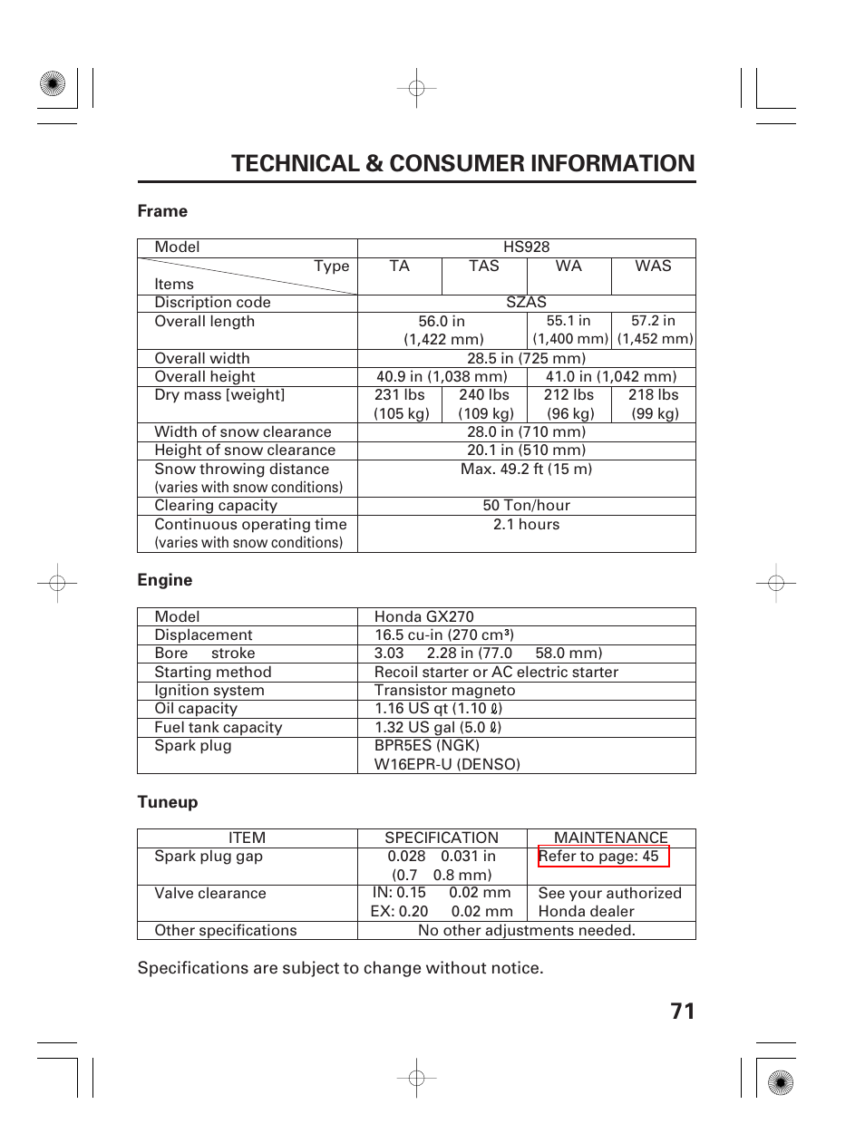 71 technical & consumer information | HONDA HS928 User Manual | Page 73 / 80