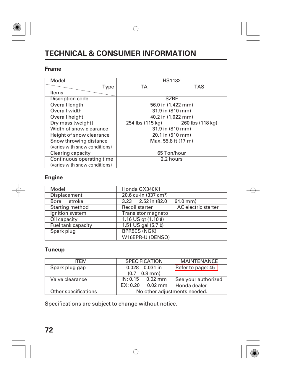 72 technical & consumer information | HONDA HS928 User Manual | Page 74 / 80