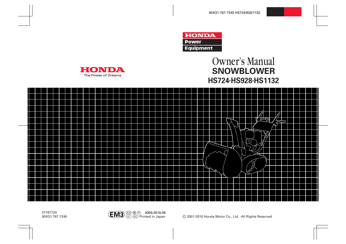 Owner’s manual, Snowblower | HONDA HS928 User Manual | Page 80 / 80