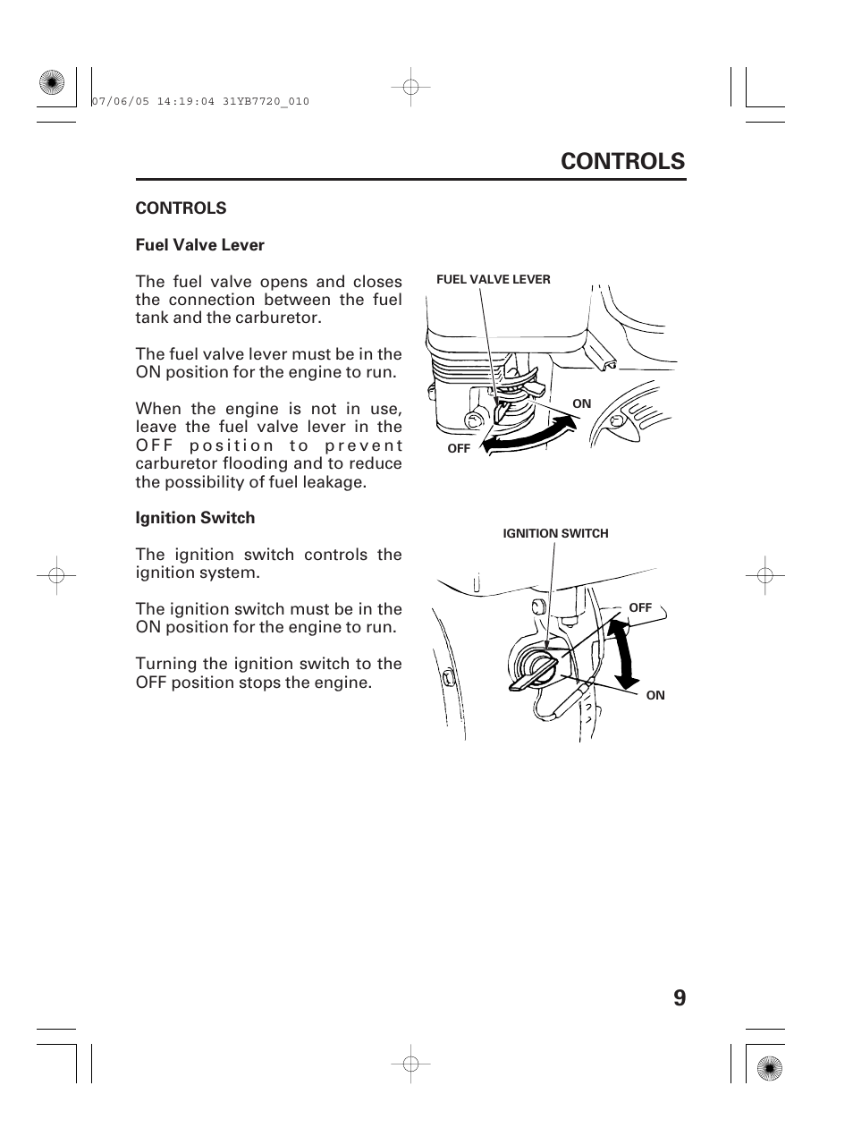 Controls, Fuel valve lever, Ignition switch | 9controls | HONDA WH15X User Manual | Page 11 / 64