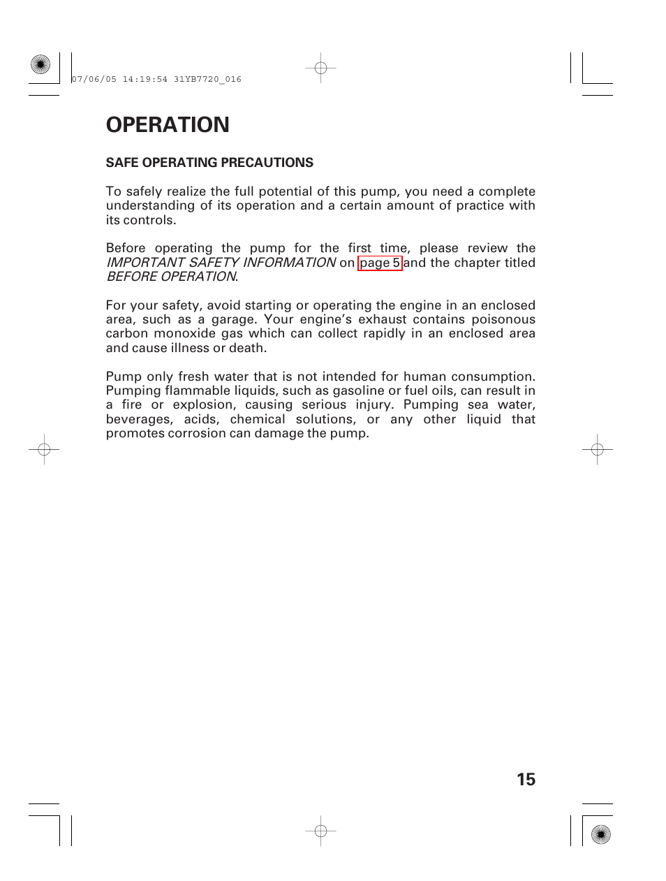 Operation, Safe operating precautions | HONDA WH15X User Manual | Page 17 / 64