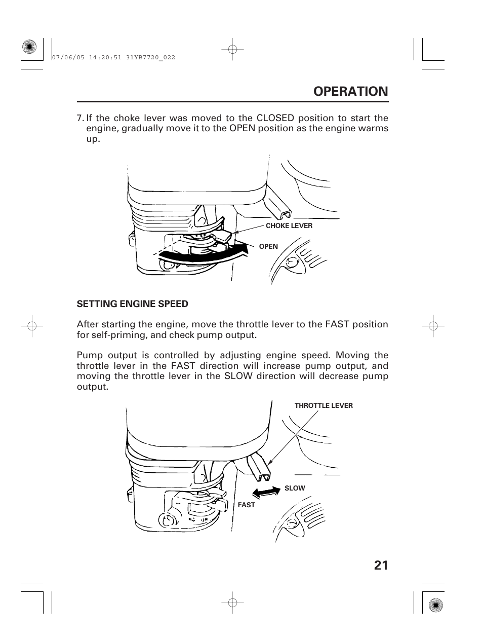 Setting engine speed, 21 operation | HONDA WH15X User Manual | Page 23 / 64