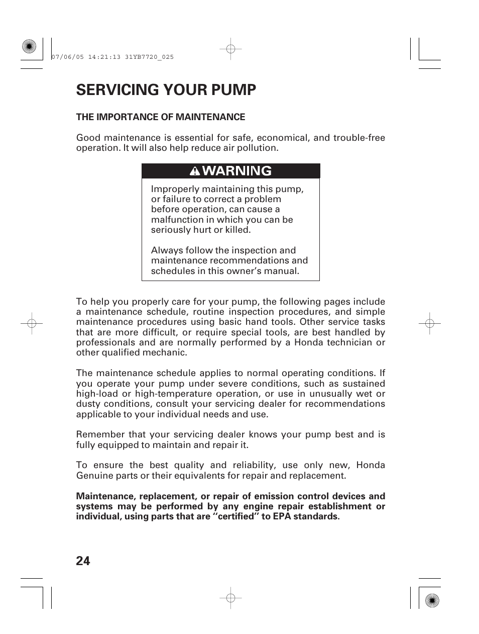 Servicing your pump, The importance of maintenance, Servicing your pump (continued) | HONDA WH15X User Manual | Page 26 / 64