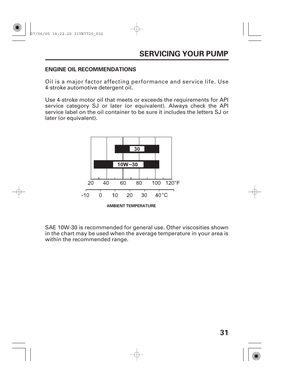 Engine oil recommendations, 31 servicing your pump | HONDA WH15X User Manual | Page 33 / 64