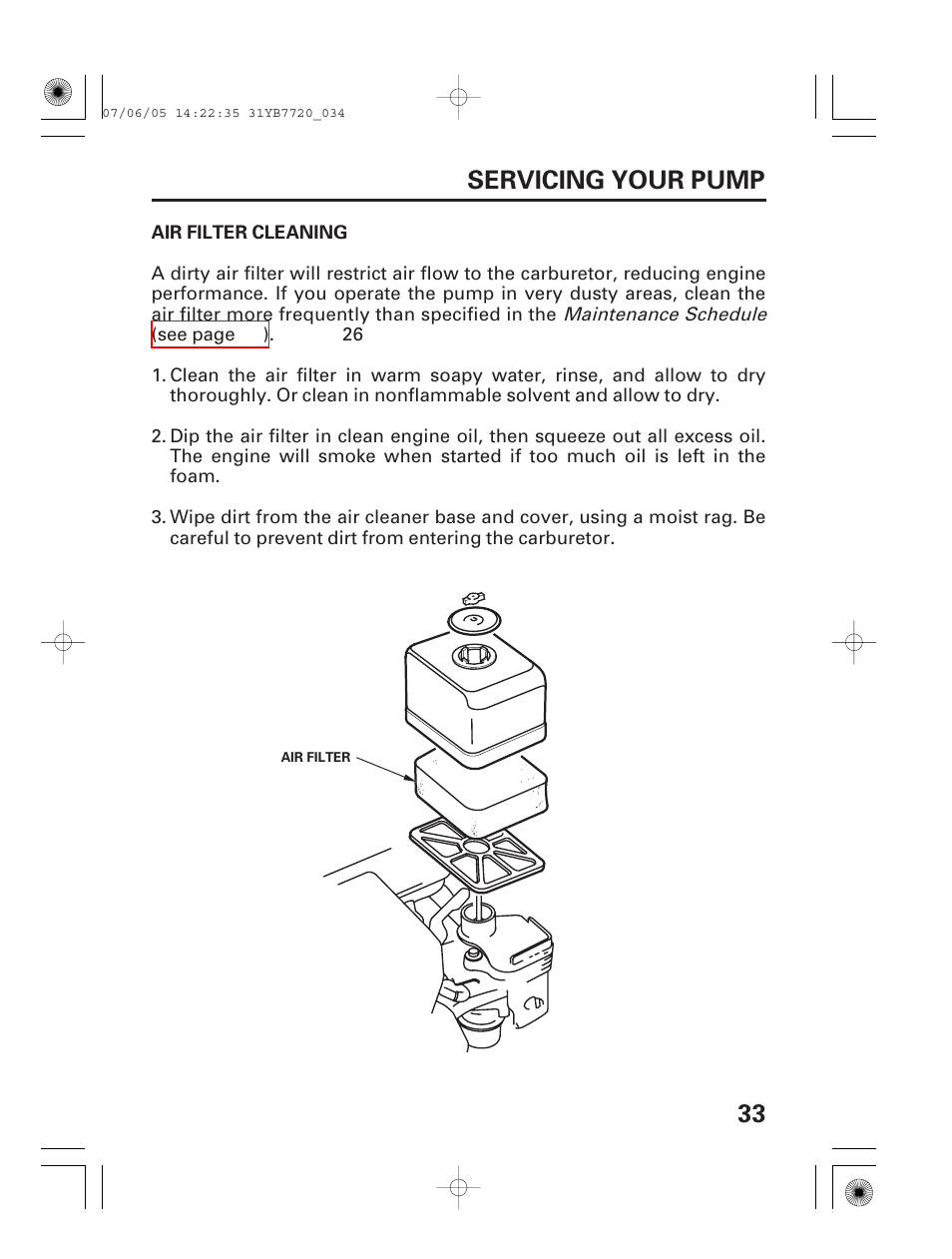 Air filter cleaning, 33 servicing your pump | HONDA WH15X User Manual | Page 35 / 64