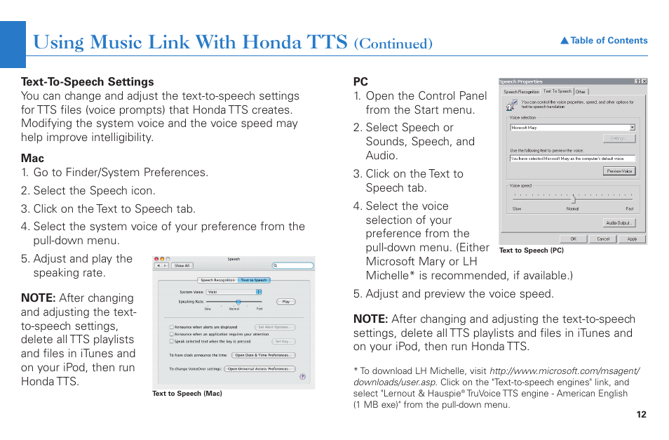 Erence, Using music link with honda tts, Continued) | HONDA Music Link for Ridgeline User Manual | Page 12 / 21