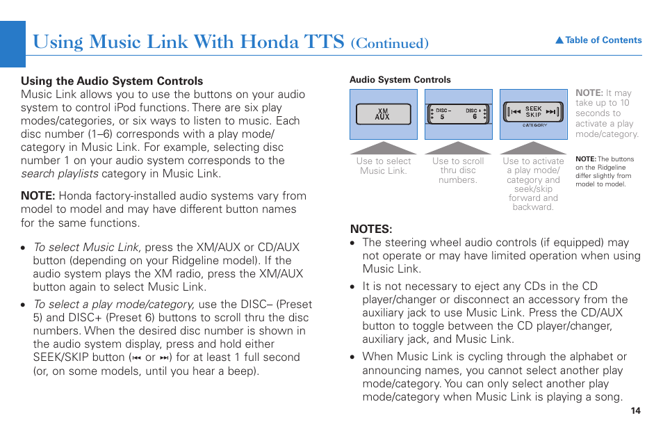 Using music link with honda tts, Continued) | HONDA Music Link for Ridgeline User Manual | Page 14 / 21