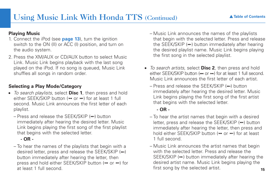Using music link with honda tts | HONDA Music Link for Ridgeline User Manual | Page 15 / 21
