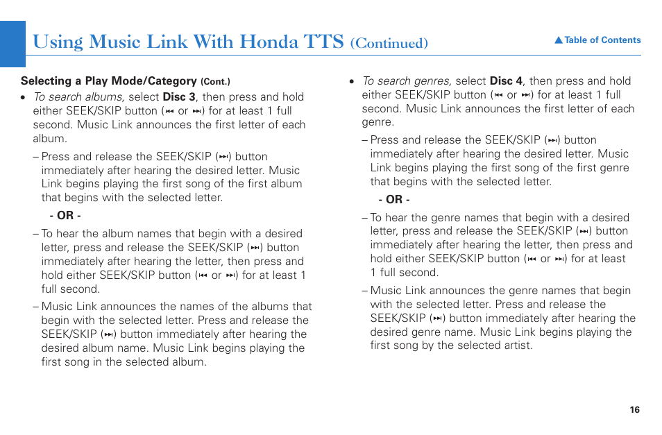 Using music link with honda tts | HONDA Music Link for Ridgeline User Manual | Page 16 / 21