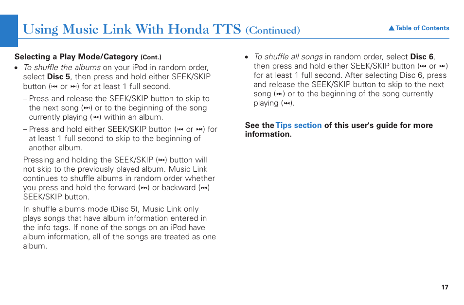 Using music link with honda tts | HONDA Music Link for Ridgeline User Manual | Page 17 / 21