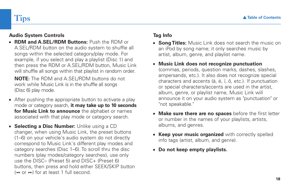 Tips, See the, Tips section | HONDA Music Link for Ridgeline User Manual | Page 18 / 21