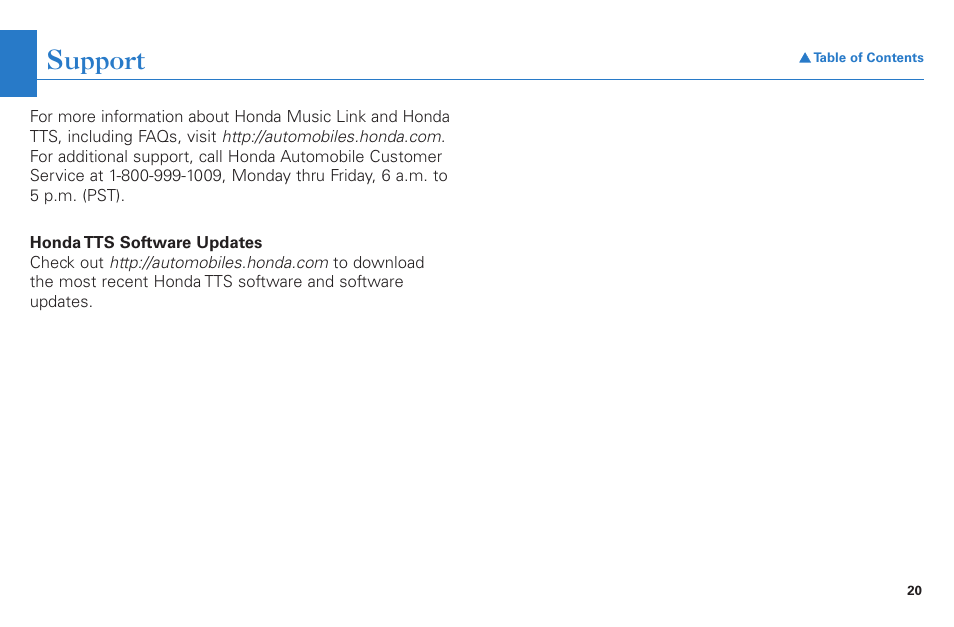 Support | HONDA Music Link for Ridgeline User Manual | Page 20 / 21