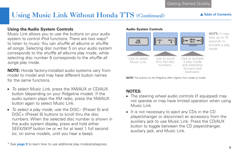 Using music link without honda tts, Continued) | HONDA Music Link for Ridgeline User Manual | Page 7 / 21