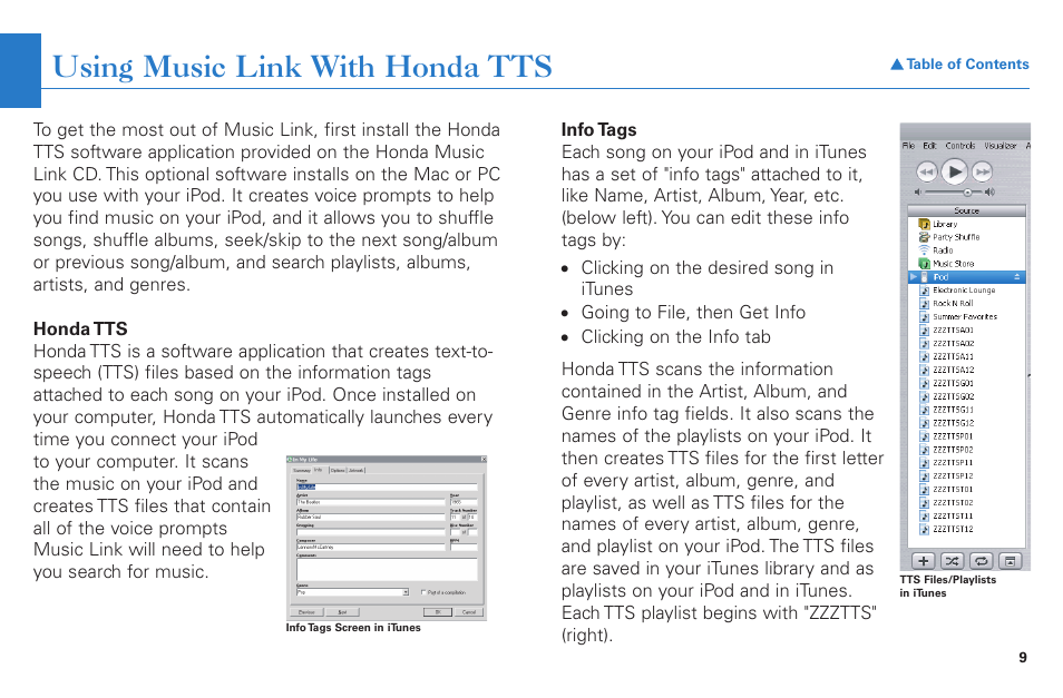Using music link with honda tts, Using music link with honda, Honda | Ags on | HONDA Music Link for Ridgeline User Manual | Page 9 / 21