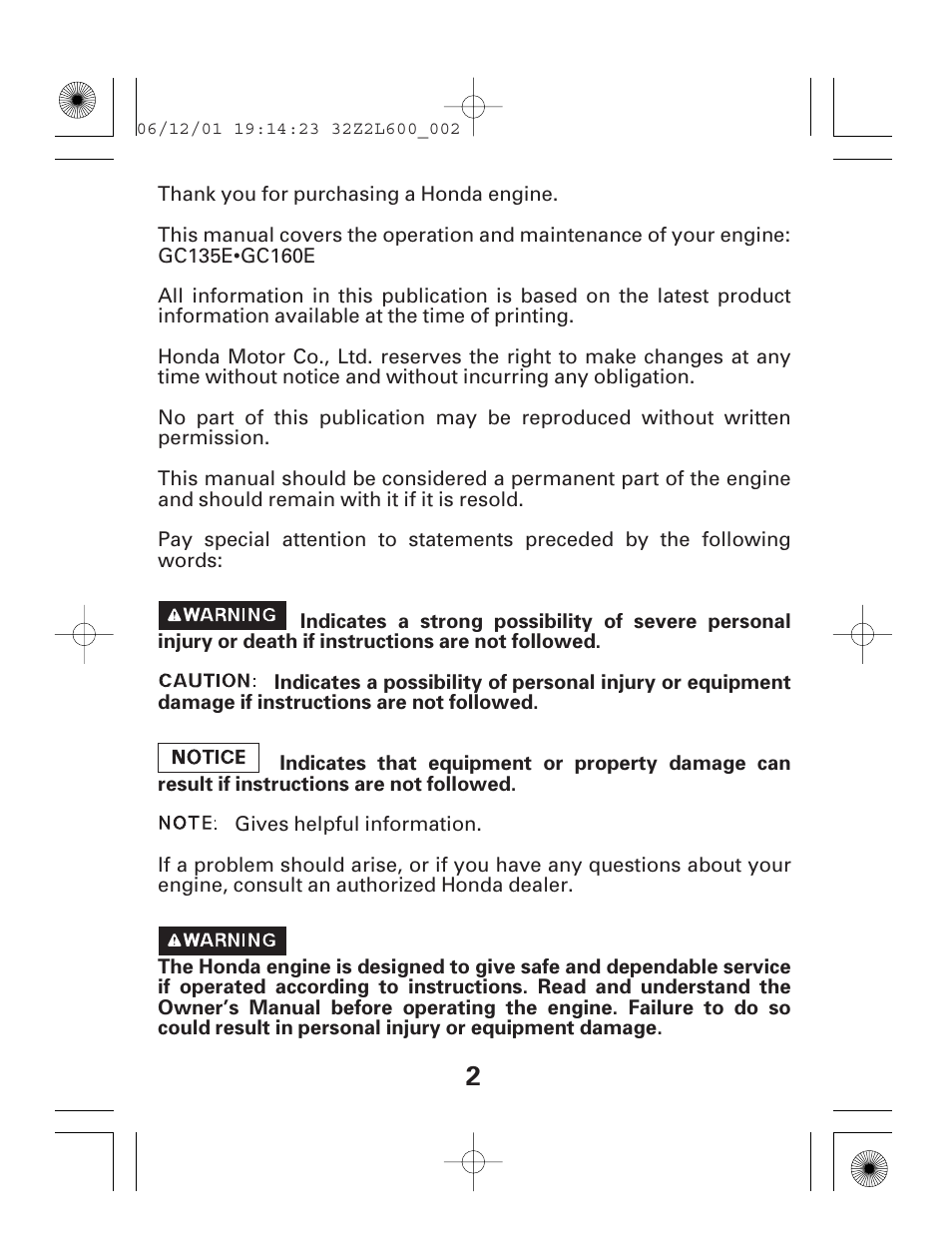 HONDA GC135E GC160E User Manual | Page 2 / 32