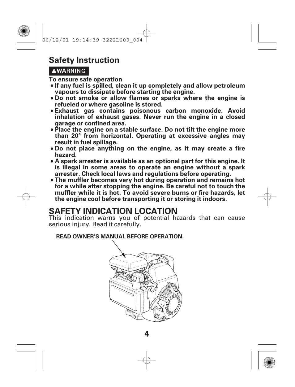 4safety instruction safety indication location | HONDA GC135E GC160E User Manual | Page 4 / 32