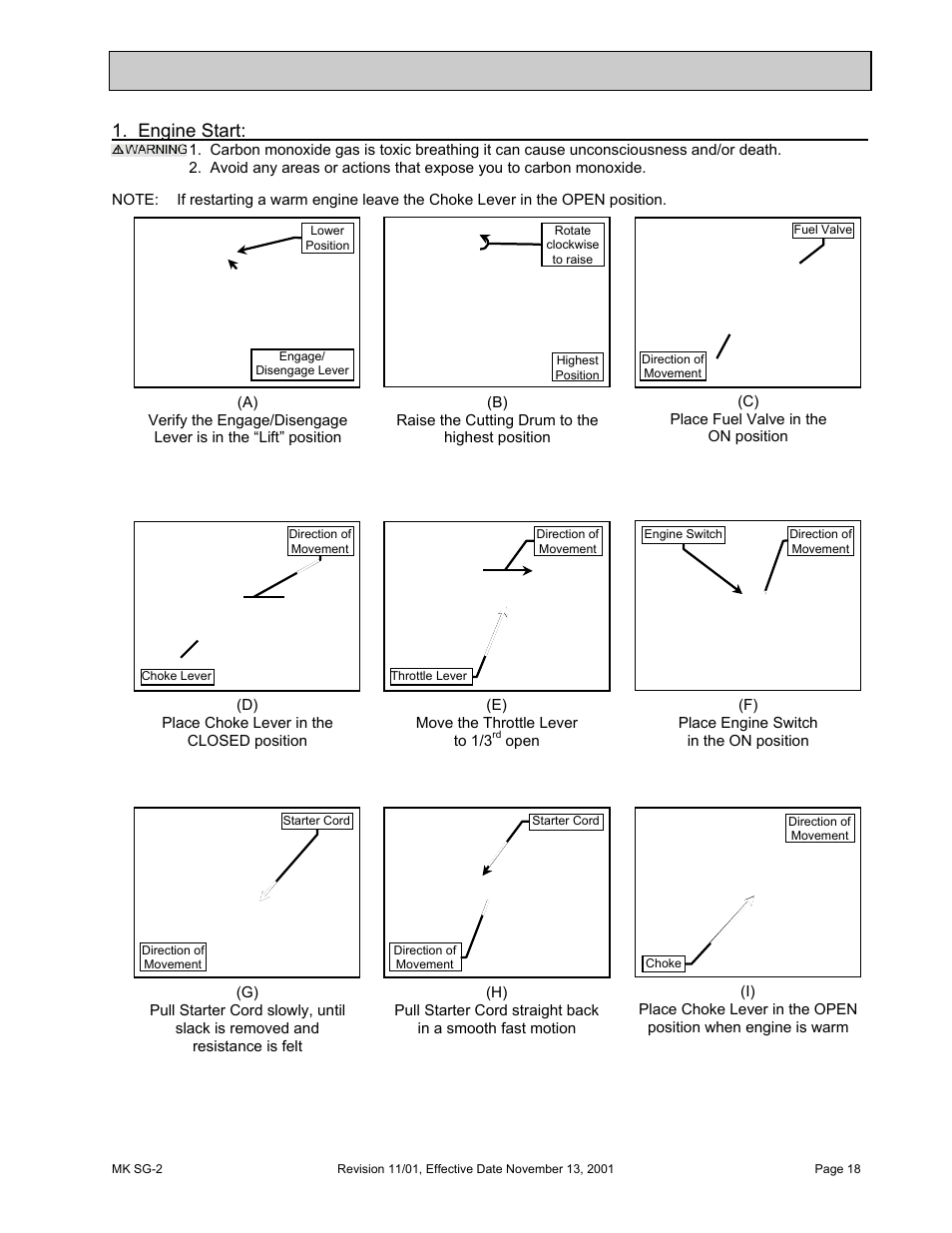 Setup, startup, adjustment, operation and shutdown, Startup, Startup: 1. engine start | HONDA MK SG-2 User Manual | Page 18 / 53