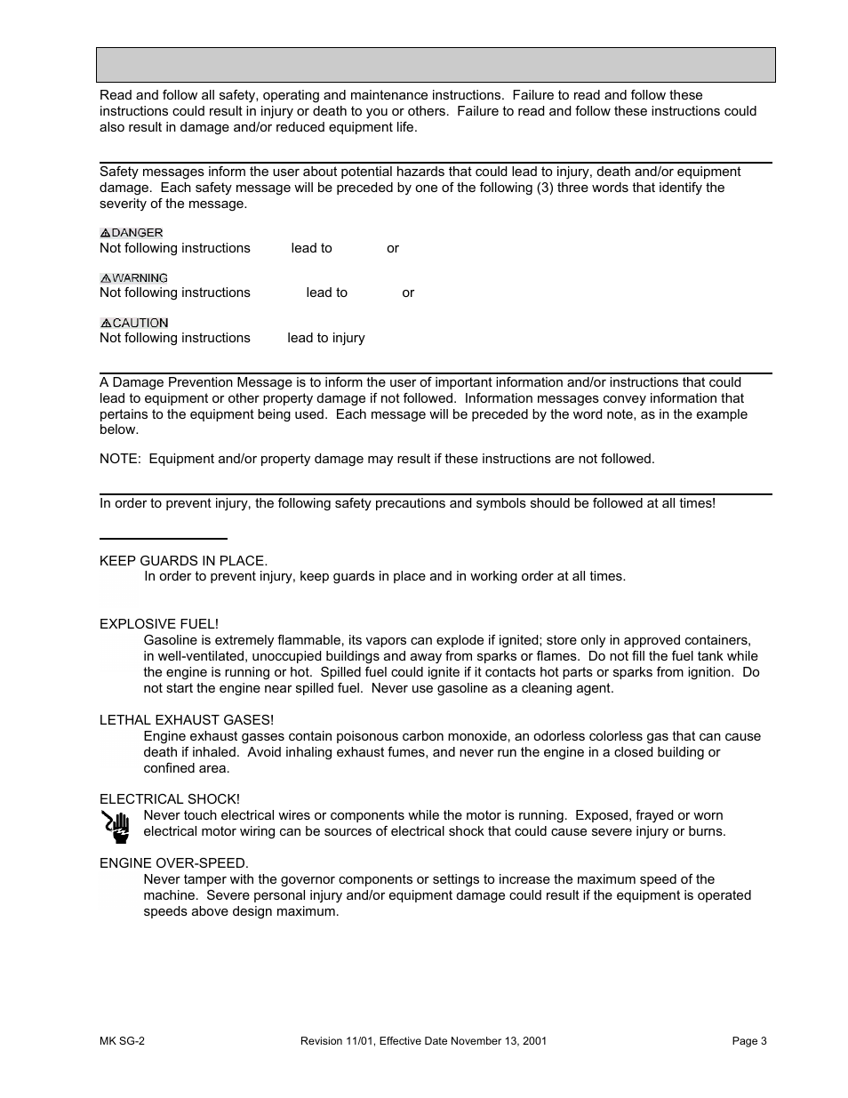 Safety, Damage prevention and information messages, General safety precautions and hazard symbols | Safety messages | HONDA MK SG-2 User Manual | Page 3 / 53