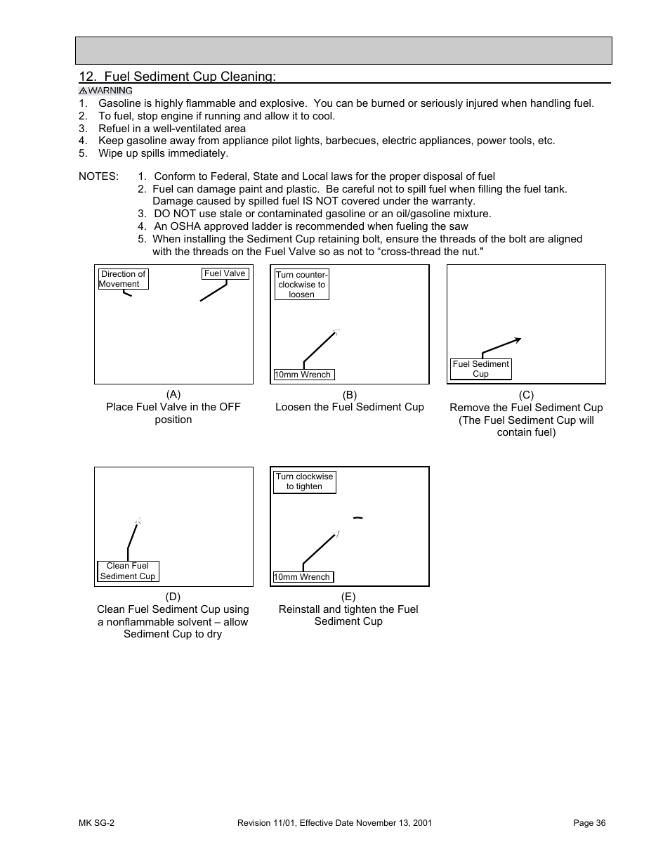 Fuel sediment cup cleaning, Maintenance and troubleshooting | HONDA MK SG-2 User Manual | Page 36 / 53