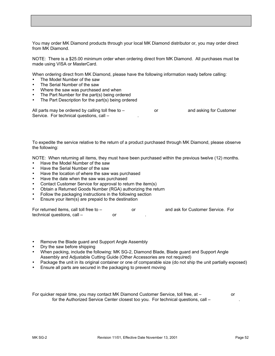 Ordering information, Return materials policy, Accessories, ordering and return information | HONDA MK SG-2 User Manual | Page 52 / 53