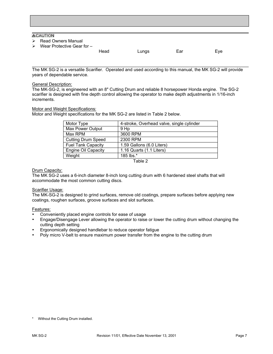Sg-2 specific warnings, Product specifications, Safety | HONDA MK SG-2 User Manual | Page 7 / 53