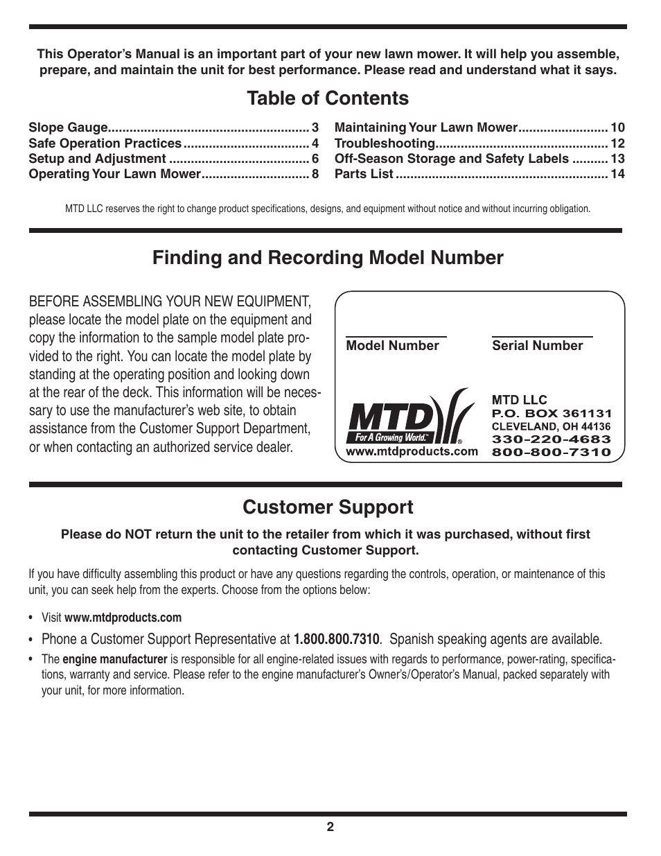 Customer support | HONDA V550 User Manual | Page 2 / 16