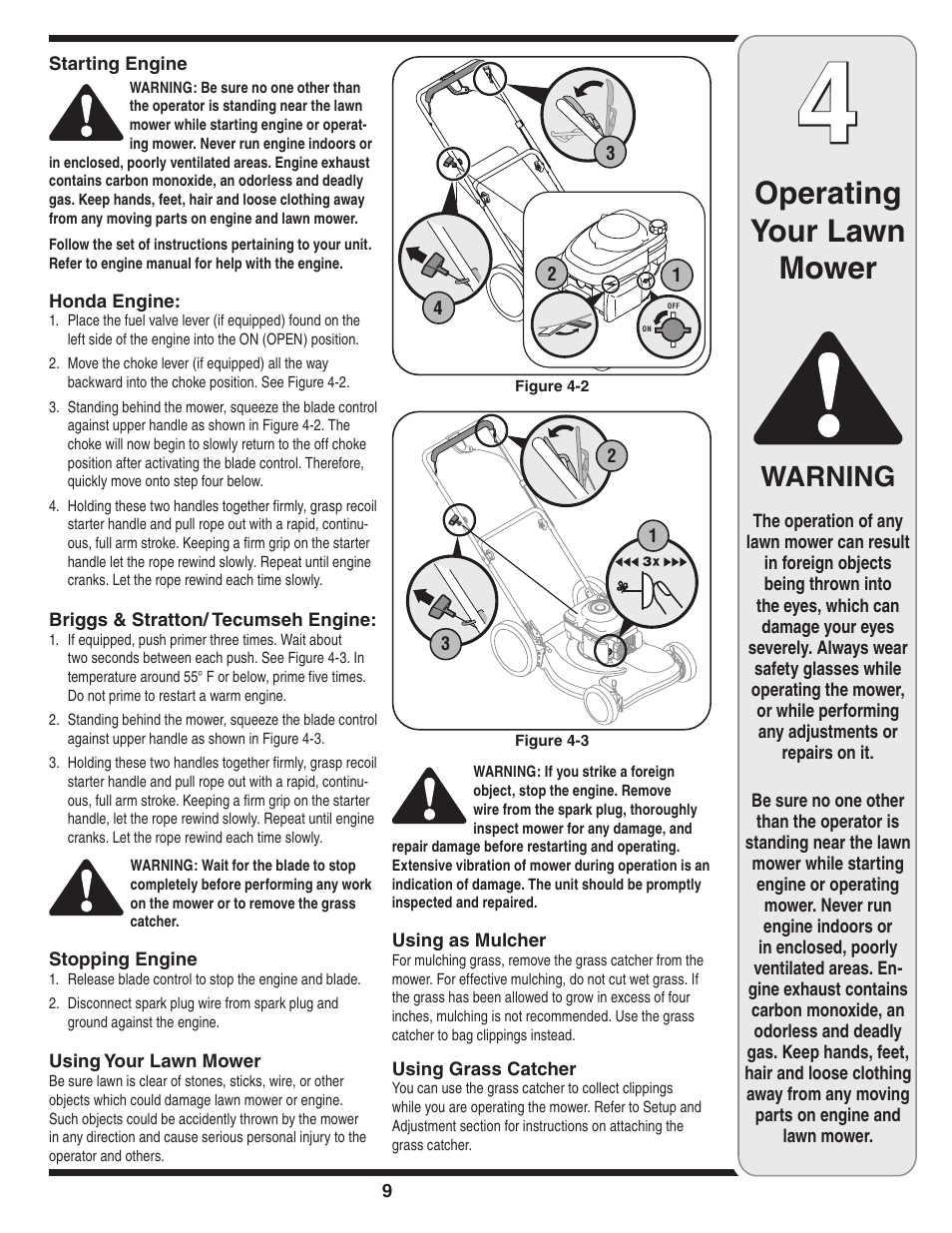 Operating your lawn mower, Warning | HONDA V550 User Manual | Page 9 / 16