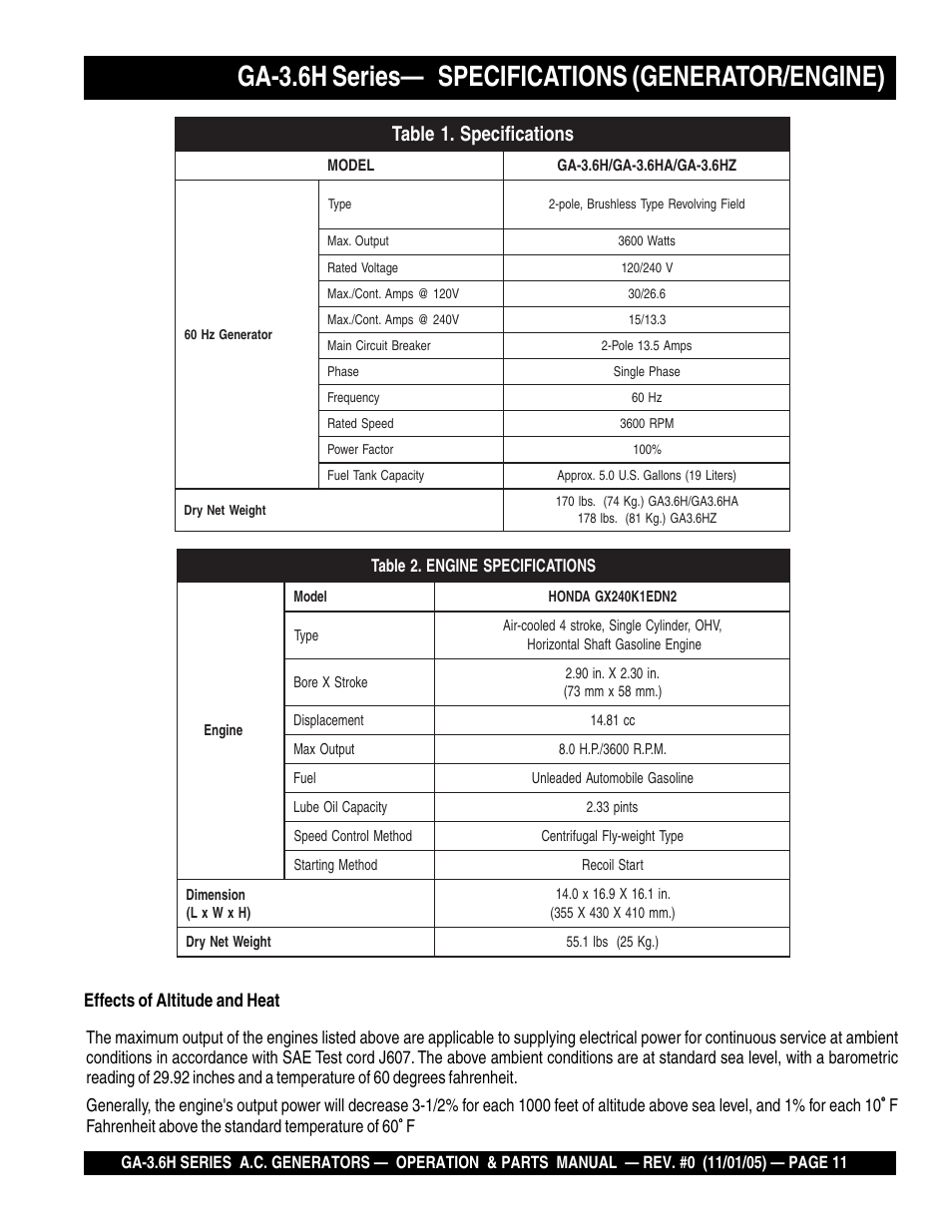 Ga-3.6h series— specifications (generator/engine), Effects of altitude and heat | Multiquip GA3.6H Series User Manual | Page 11 / 86