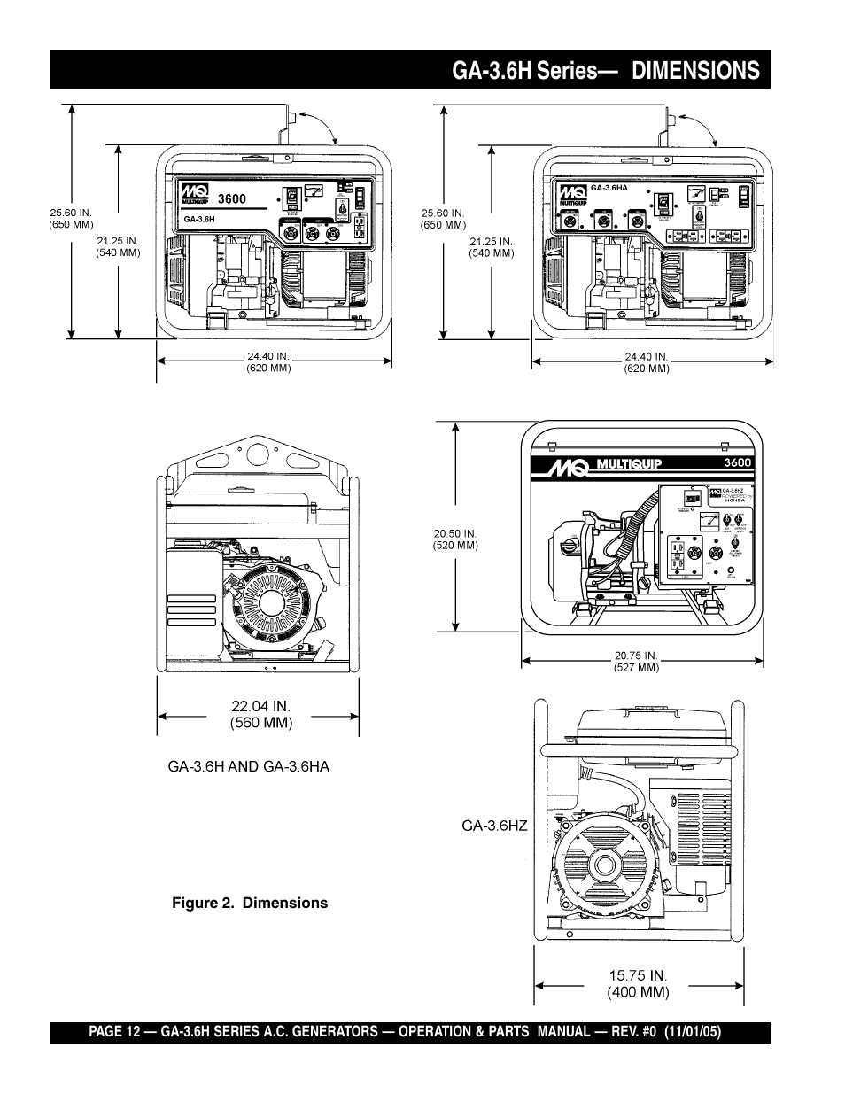 Ga-3.6h series— dimensions | Multiquip GA3.6H Series User Manual | Page 12 / 86