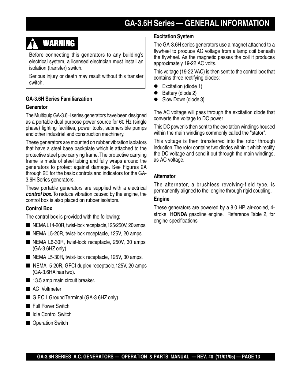 Ga-3.6h series — general information, Warning | Multiquip GA3.6H Series User Manual | Page 13 / 86