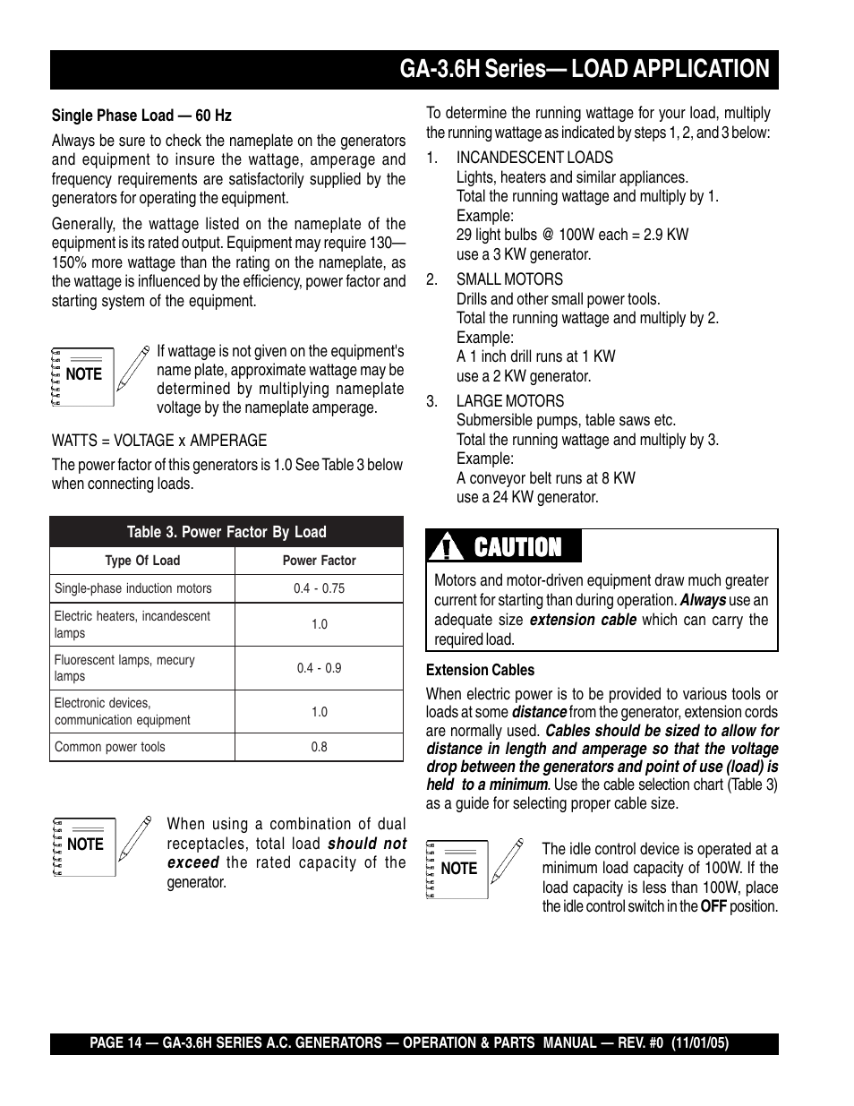 Ga-3.6h series— load application, Caution | Multiquip GA3.6H Series User Manual | Page 14 / 86