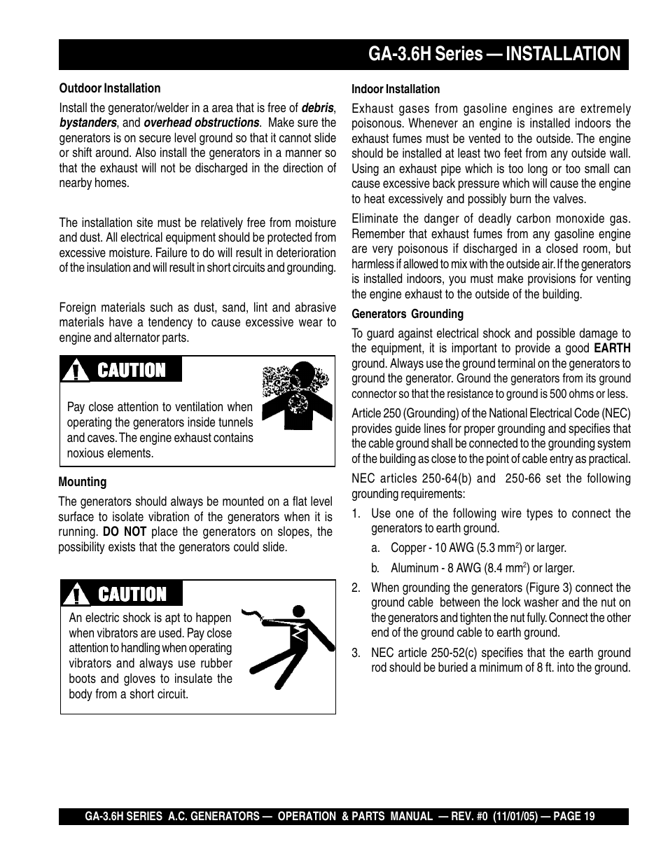 Ga-3.6h series — installation, Caution | Multiquip GA3.6H Series User Manual | Page 19 / 86