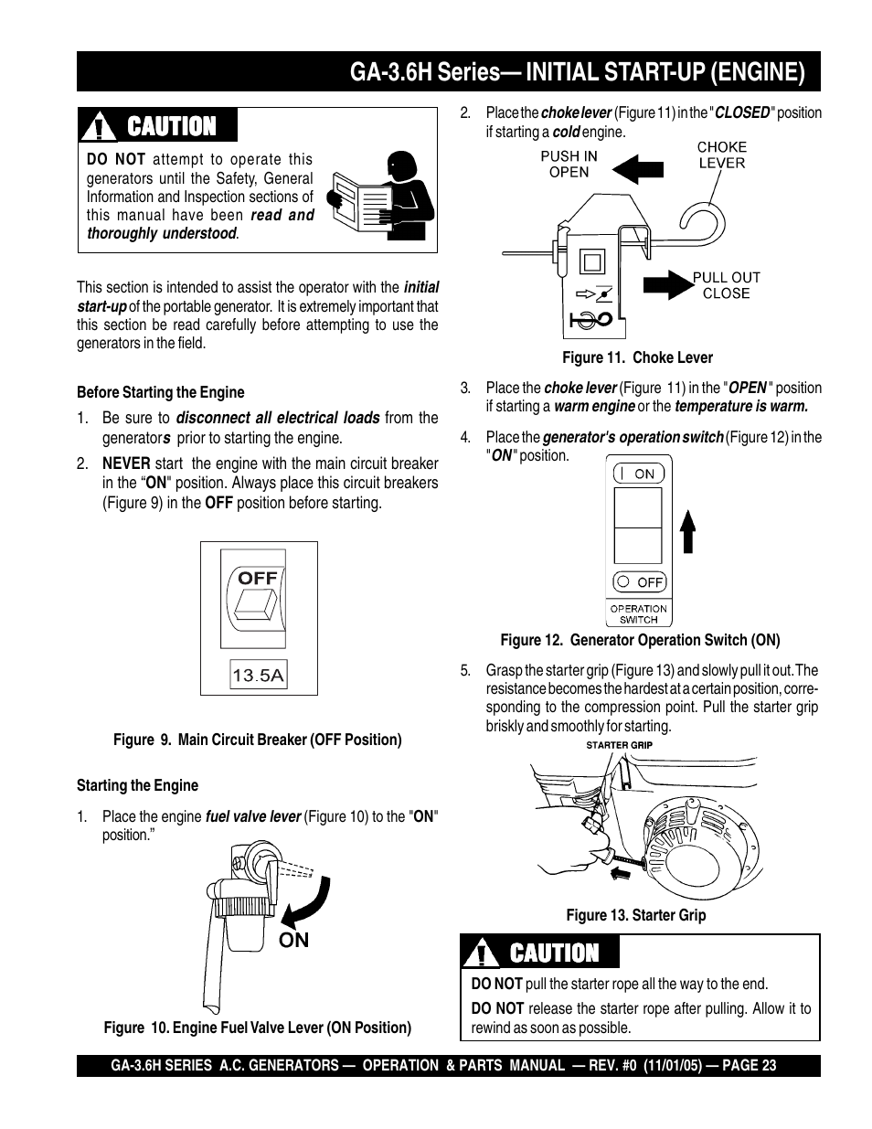 Ga-3.6h series— initial start-up (engine), Caution | Multiquip GA3.6H Series User Manual | Page 23 / 86