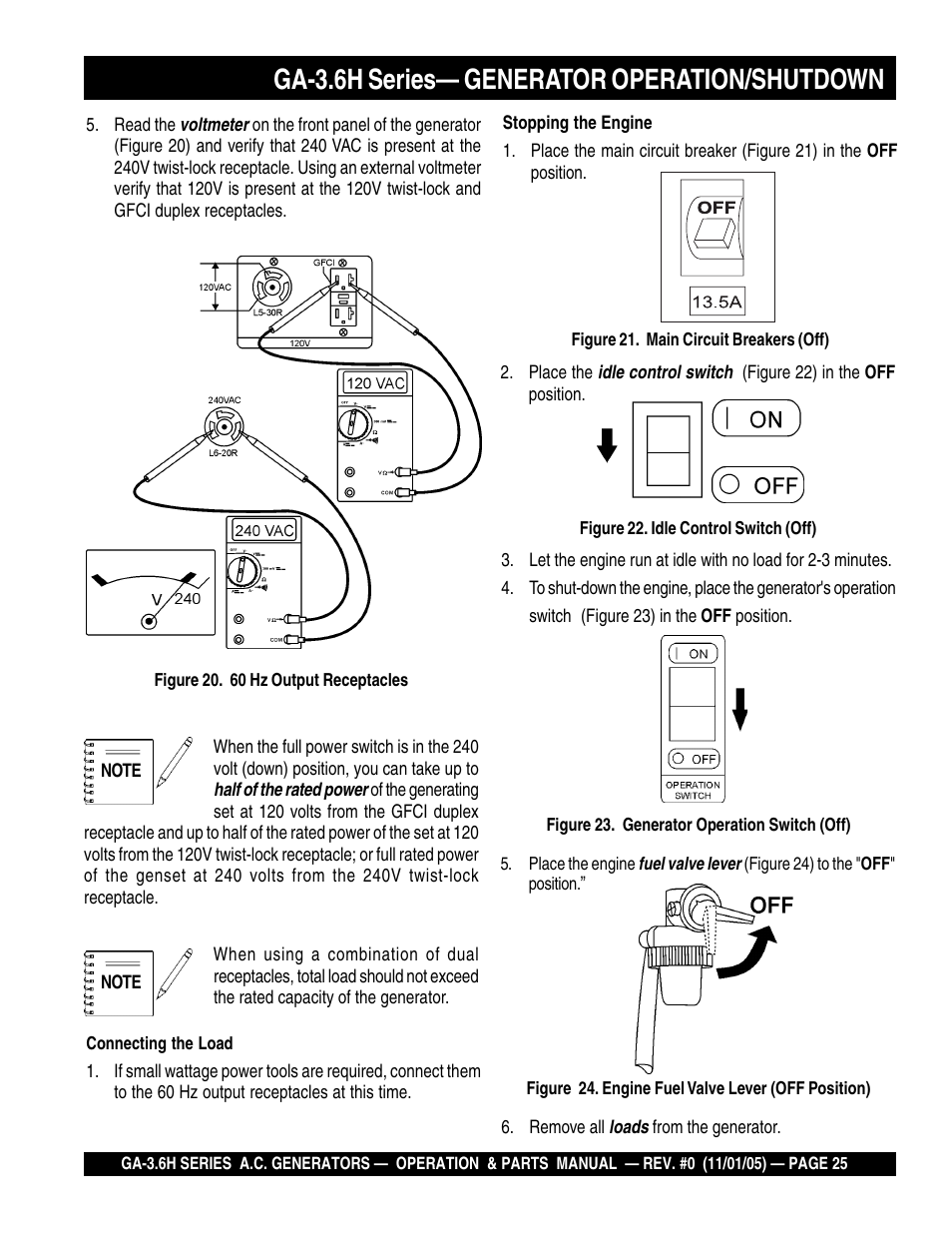 Ga-3.6h series— generator operation/shutdown | Multiquip GA3.6H Series User Manual | Page 25 / 86