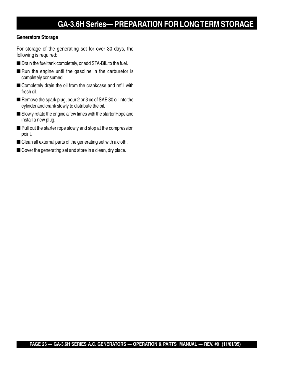 Ga-3.6h series— preparation for long term storage | Multiquip GA3.6H Series User Manual | Page 26 / 86